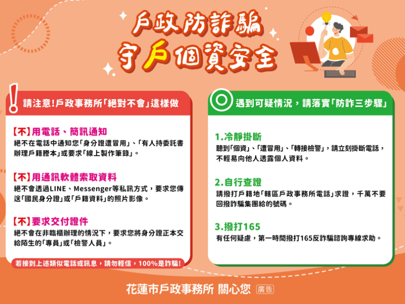 假冒「戶政」詐騙再起 花蓮市戶政事務所籲民眾提高警覺